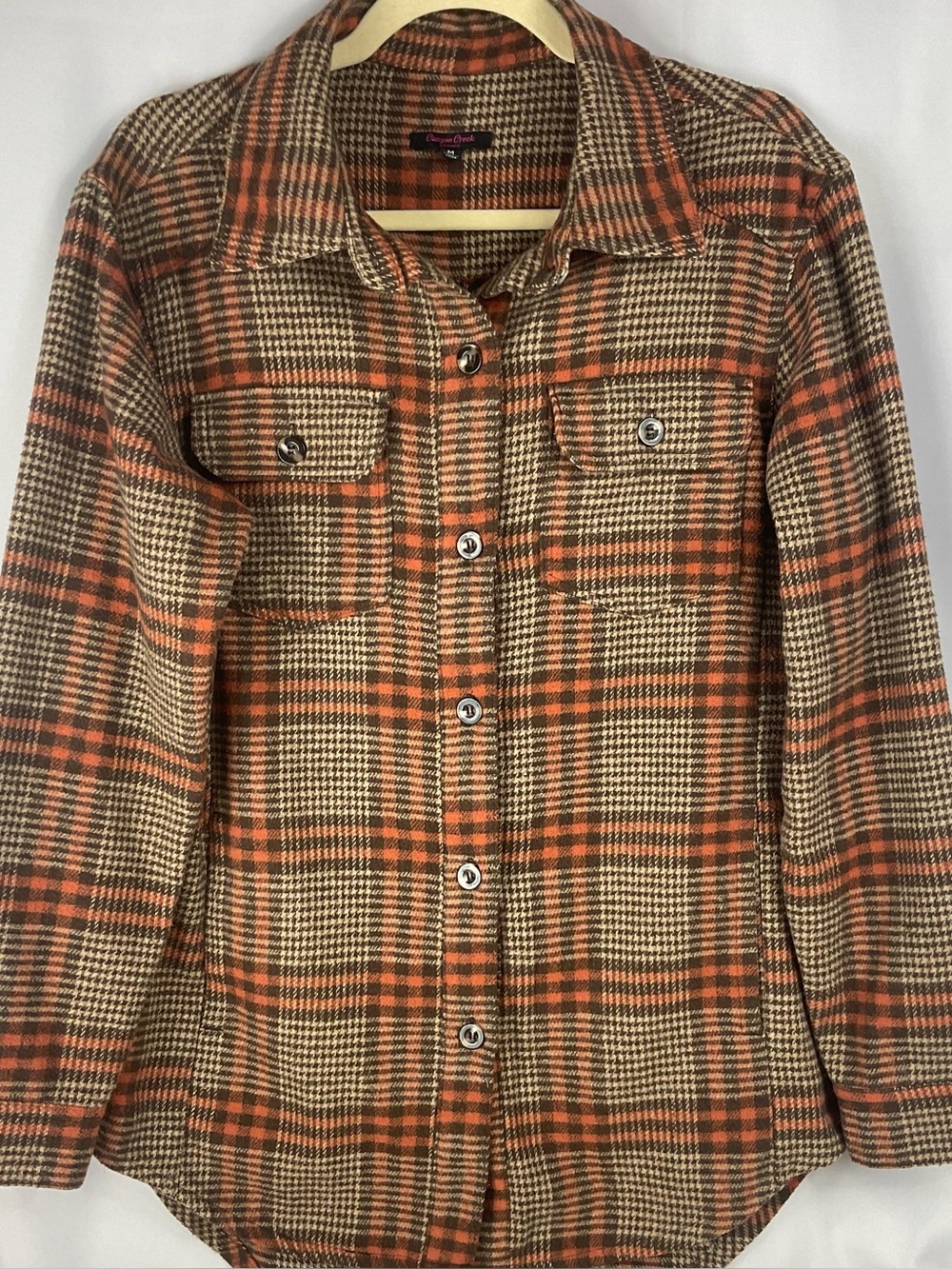 Canyon Creek Women’s M Plaid Shacket Brown Rust Houndstooth Button Front Pockets